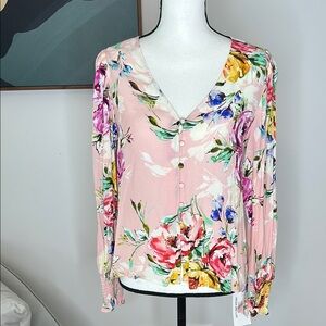Yumi NWT Kim Pink Blue and Yellow Floral Long Sleeve Blouse, Medium